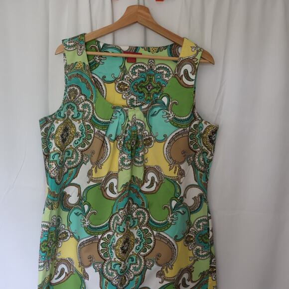 Sunny Leigh Linen Sheath Women Sz 16 Floral GreenYellowBlue Midi Sleeveless - Picture 11 of 16
